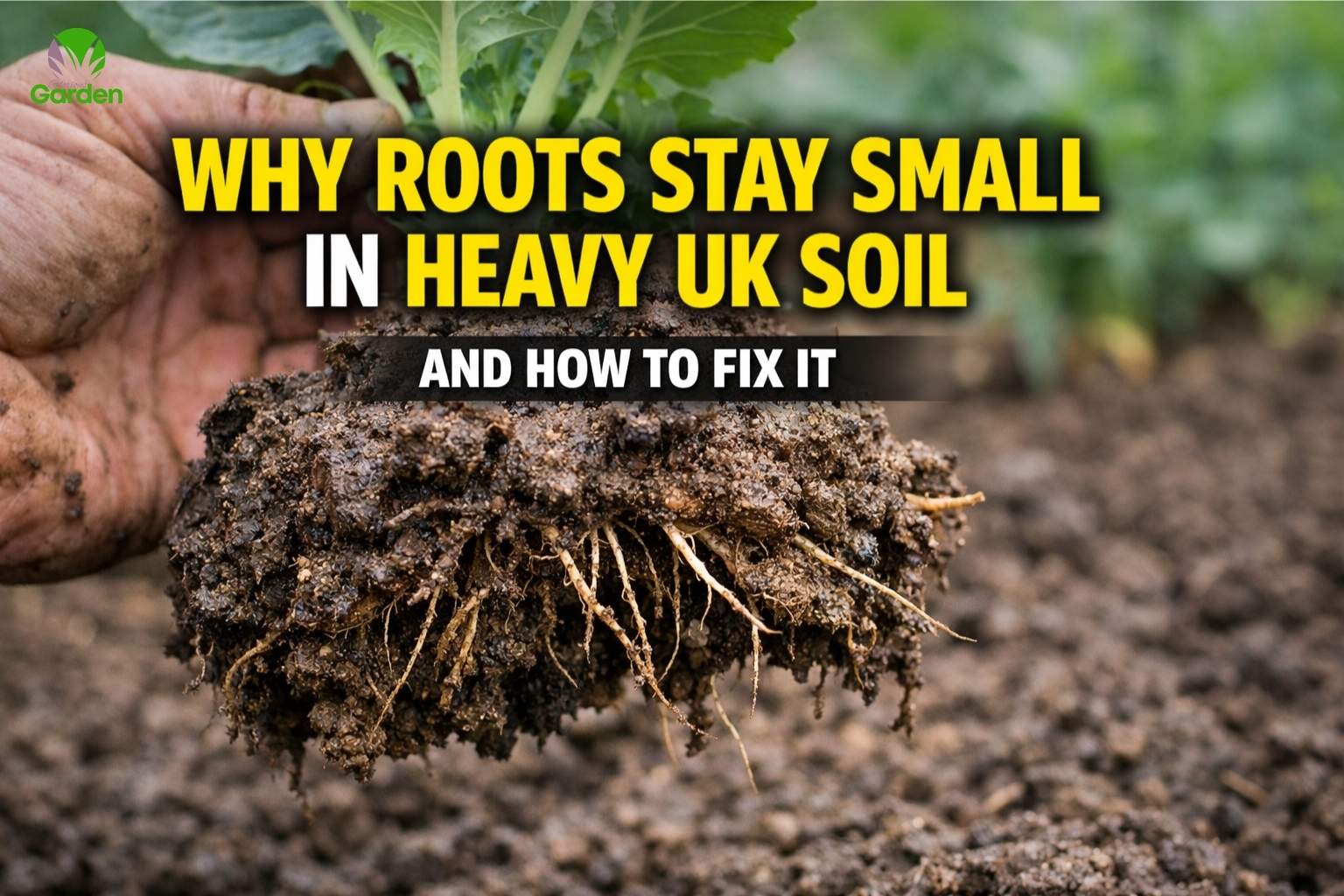 Shallow vegetable roots trapped in heavy clay soil showing why roots stay small in UK gardens.