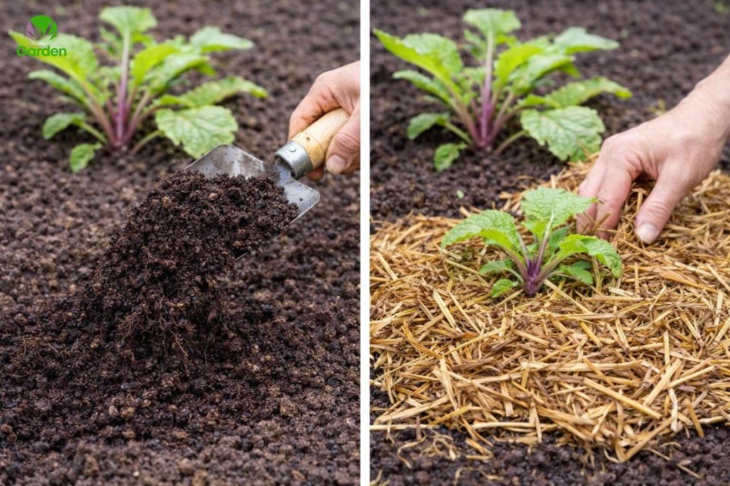 Adding compost and mulch to improve vegetable garden soil structure in the UK
