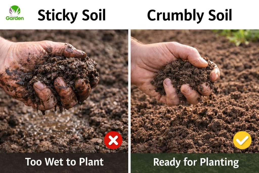 Comparison showing sticky wet soil too early to plant and crumbly soil ready for planting vegetables.