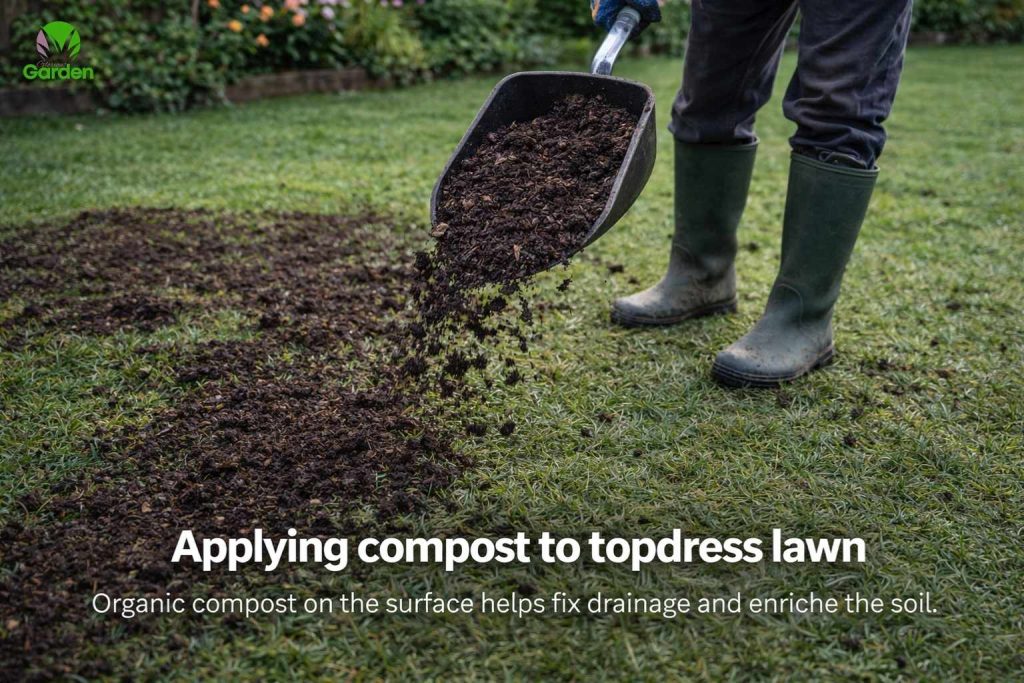 Compost being spread on a lawn to improve poor drainage naturally