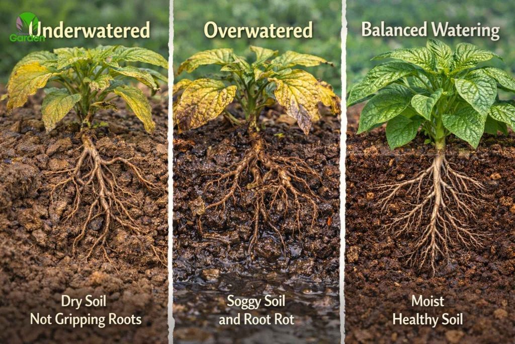 Vegetable plants in UK gardens showing underwatered dry soil, overwatered soggy soil and healthy balanced moisture with strong root growth