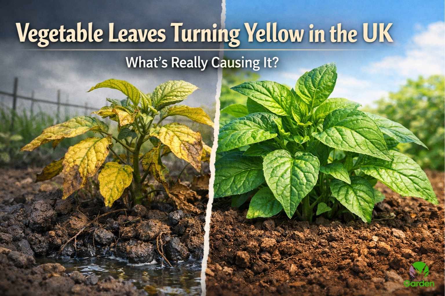 Vegetable leaves turning yellow in UK gardens showing stressed plants in wet soil beside healthy green plants in improved soil
