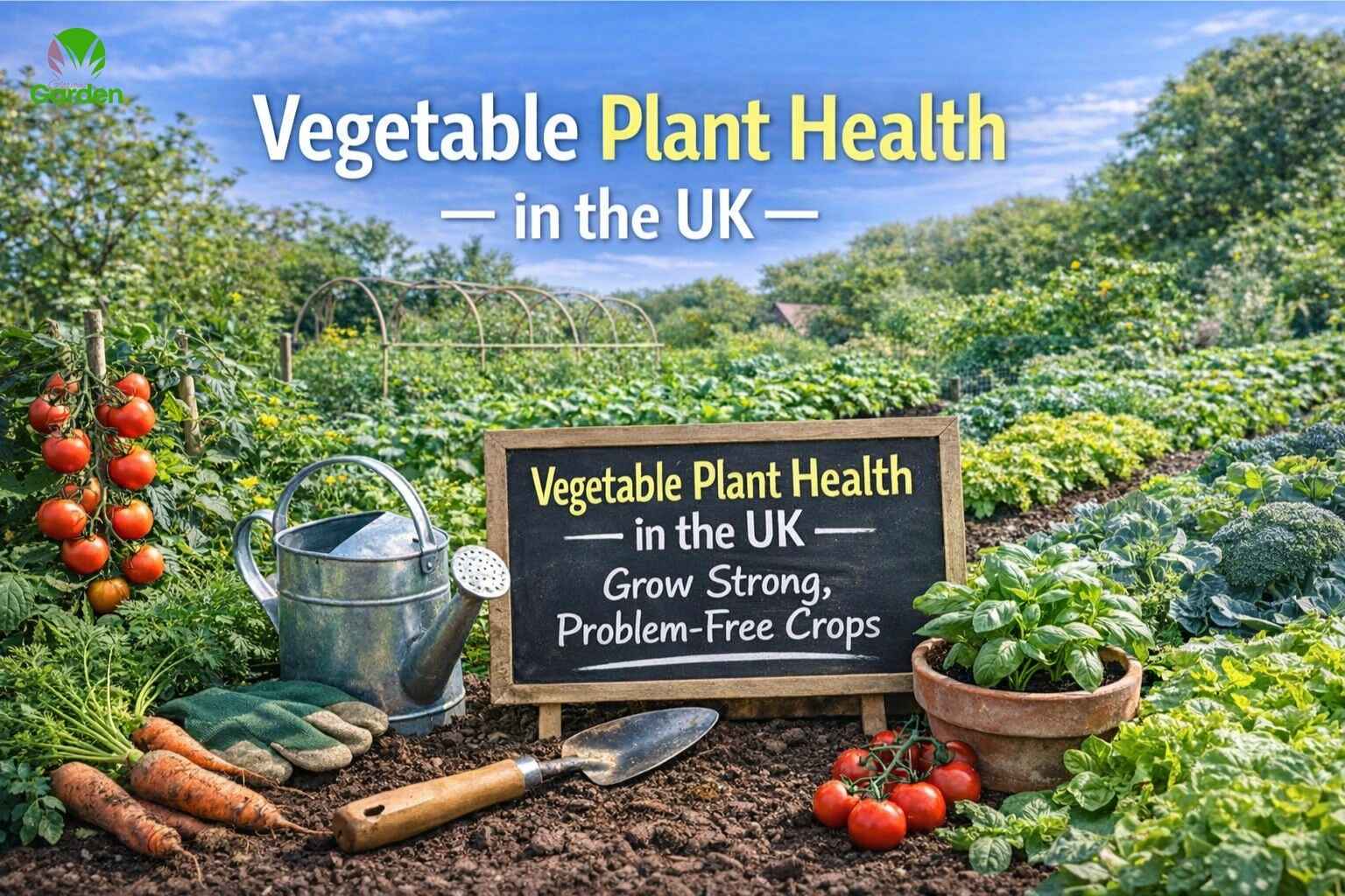 Healthy vegetable plants growing strongly in a UK garden with rich soil and good structure