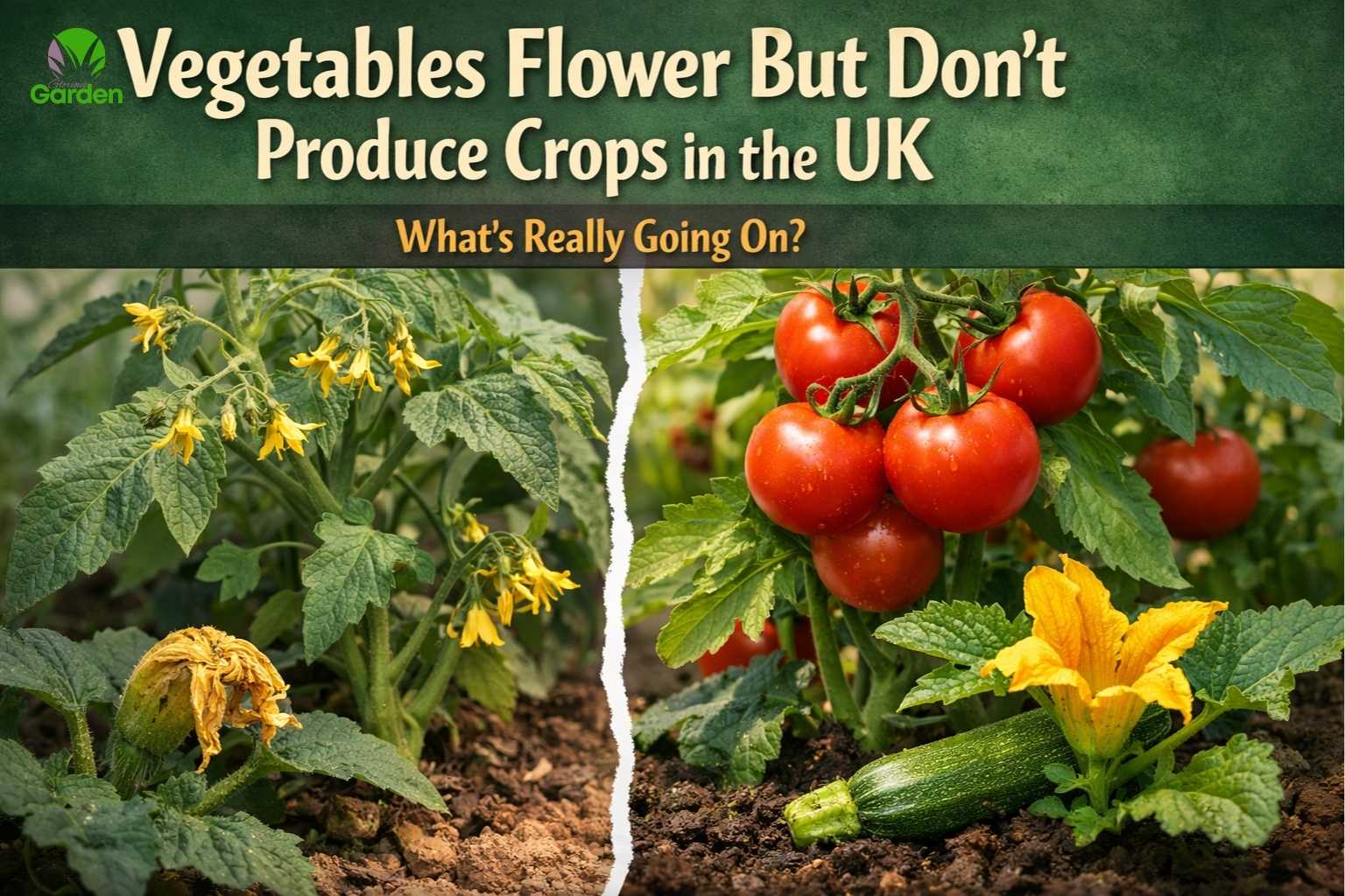 Vegetables flowering without producing crops in the UK showing tomato plants with blossoms beside healthy plants producing fruit