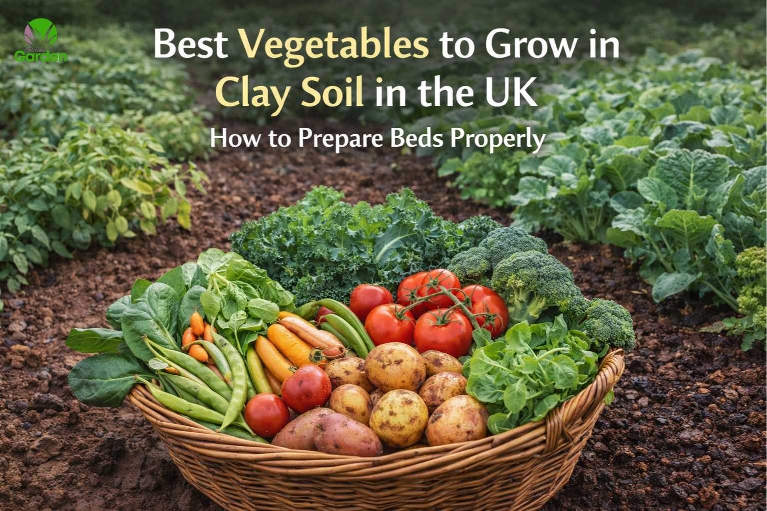 Colourful basket of vegetables harvested from a UK garden growing successfully in clay soil with healthy vegetable beds in the background