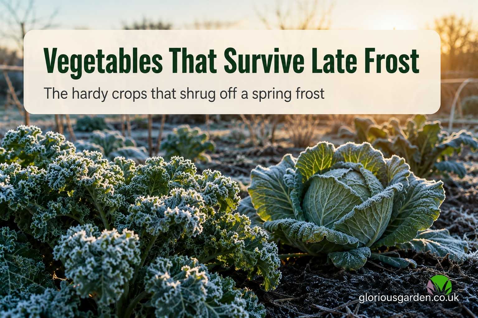 Frost-covered kale and cabbage leaves in a UK vegetable garden at dawn