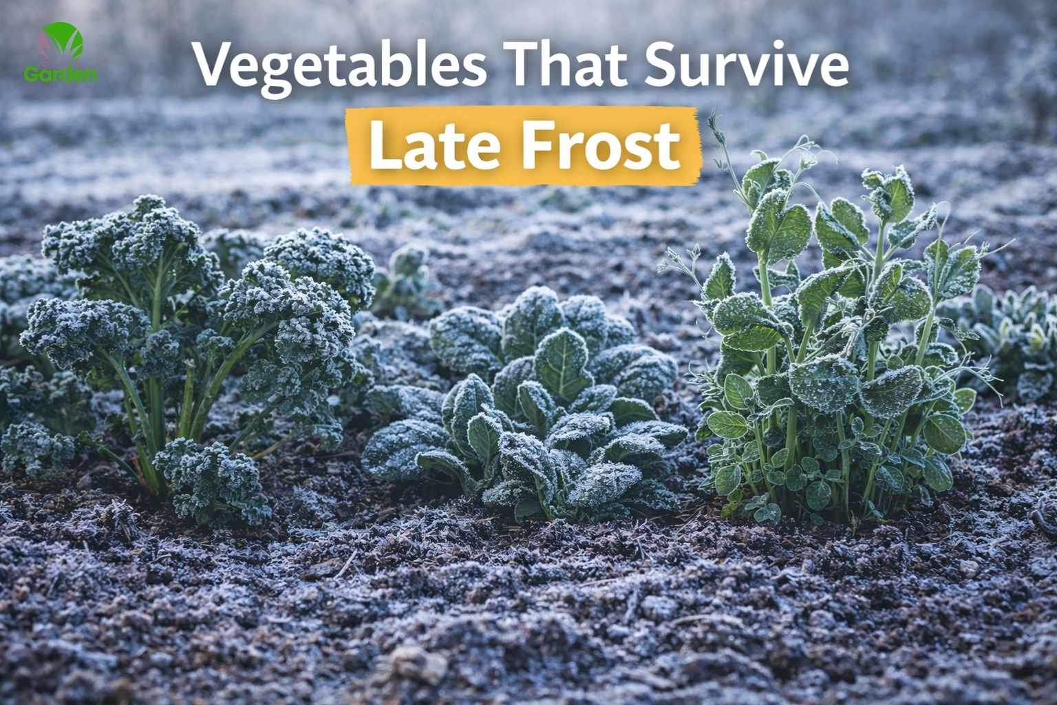 Frost-covered kale, spinach and pea plants showing vegetables that survive late spring frost in the garden.