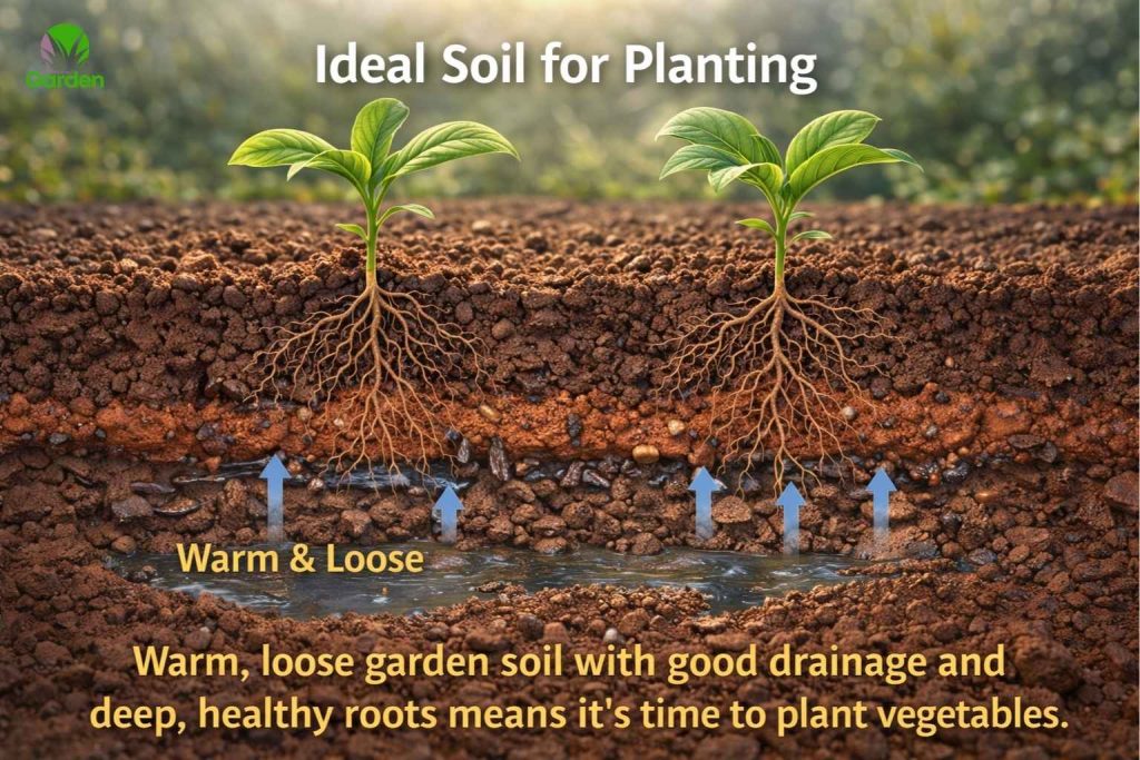 Warm crumbly garden soil with deep healthy roots showing ideal conditions for planting vegetables.