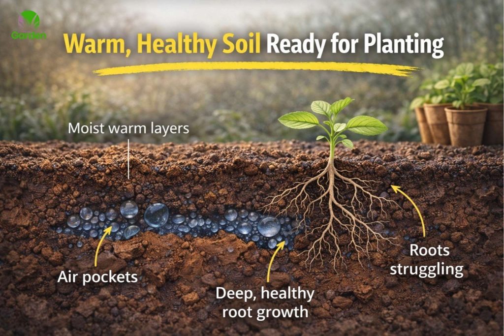 Warm garden soil with air pockets and deep roots showing ideal conditions for planting vegetables.