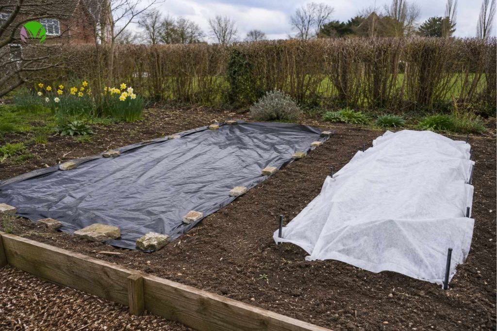 Black plastic and garden fleece laid over a UK vegetable bed in early spring to warm cold soil