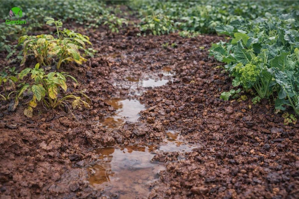 Waterlogged clay soil in a UK vegetable garden with puddles after rain showing poor drainage and stressed plants