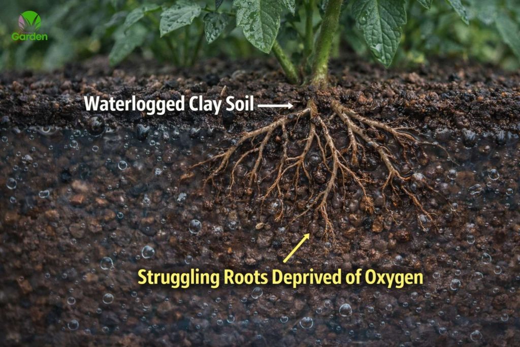 Waterlogged clay soil surrounding vegetable roots showing oxygen loss that prevents proper crop development.