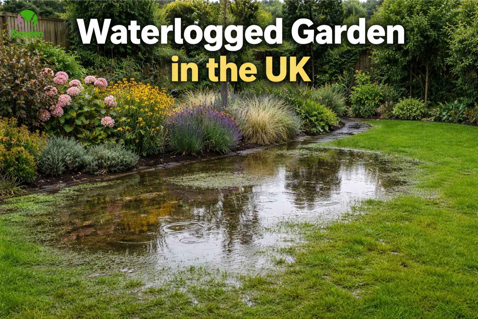 Waterlogged garden in the UK with standing water after heavy rain