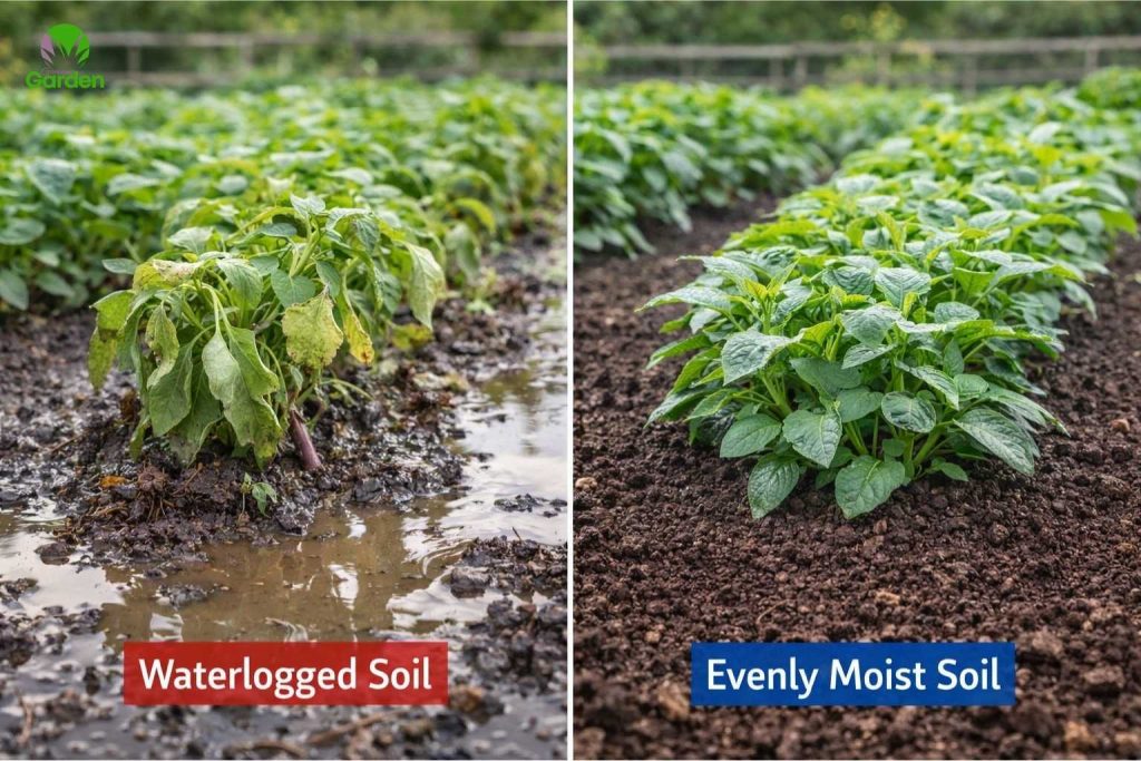 Comparison of waterlogged soil and evenly moist soil supporting healthy vegetable plants in a UK garden
