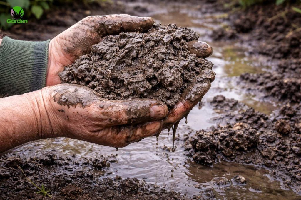 Wet heavy clay soil holding water in a UK garden