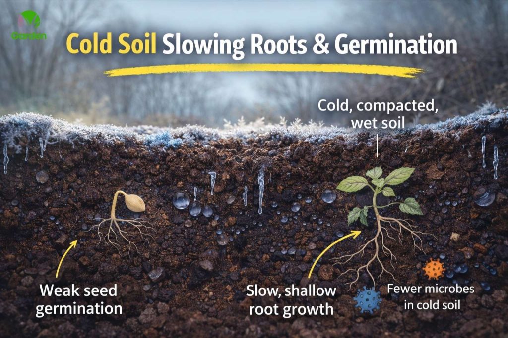 Wet heavy garden soil staying cold in spring with waterlogged layers slowing root growth.