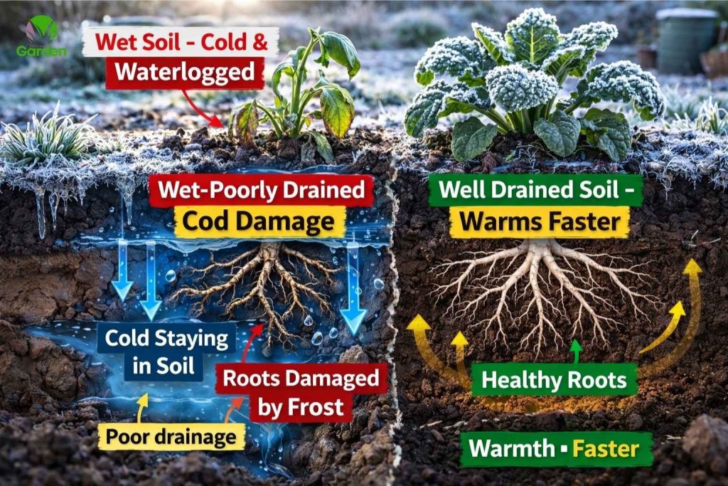 Comparison showing wet poorly drained soil causing frost damage to roots and well-drained soil protecting plants during cold weather.