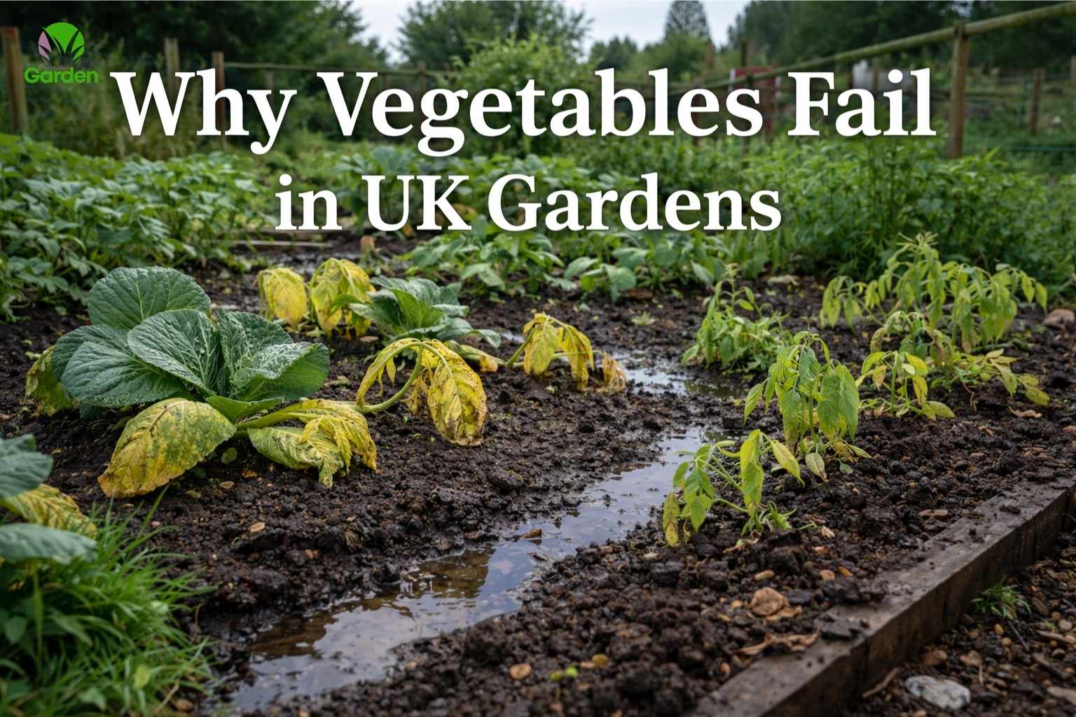 Waterlogged vegetable bed with yellowing plants showing why vegetables fail in UK gardens.