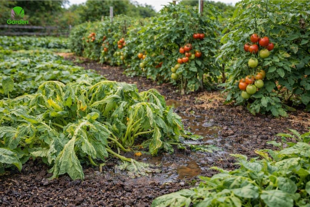 Vegetable plants wilting in wet garden soil caused by overwatering and poor drainage in the UK