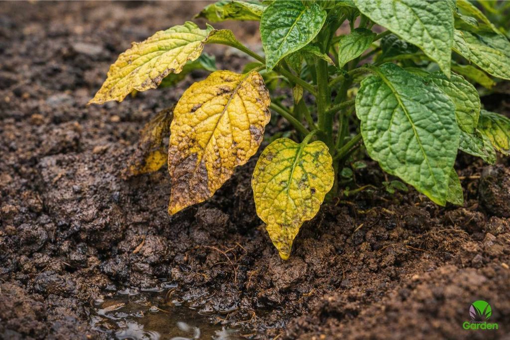 Yellowing lower leaves on a vegetable plant in a UK garden caused by wet compacted soil and poor drainage around the roots