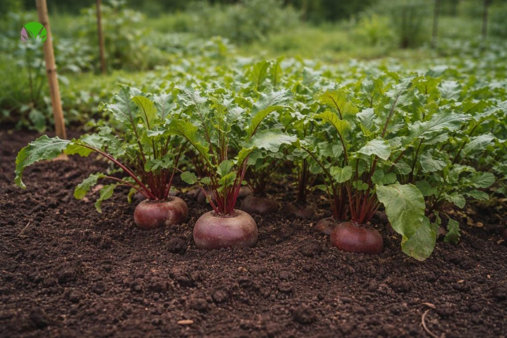 beetroot growing in UK garden soil with mature roots developing