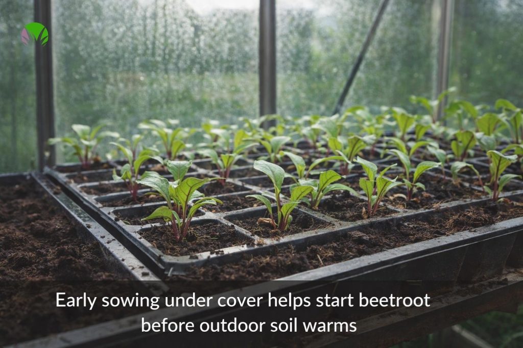 beetroot seedlings growing under cover in a UK greenhouse in early spring