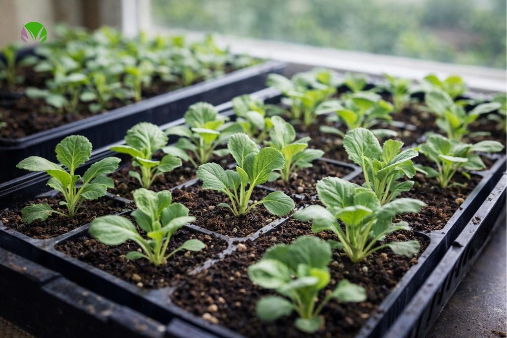 Brussels sprout seedlings growing in modules indoors in early spring