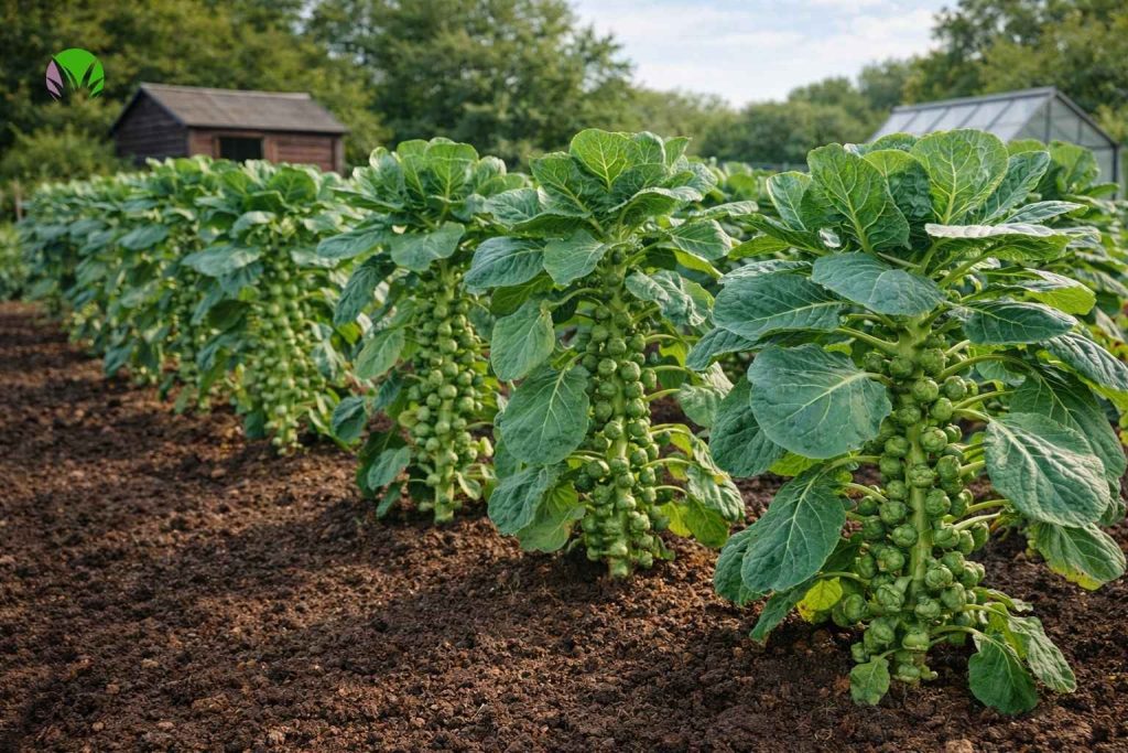 Brussels sprouts growing in a UK vegetable garden during the season