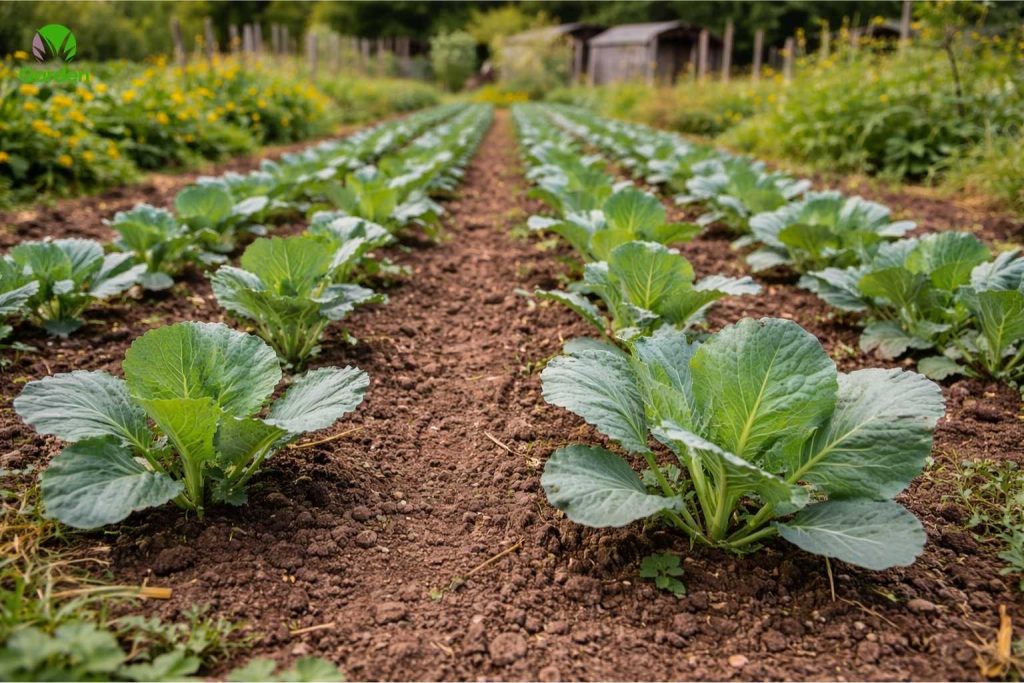 Young cabbage plants growing in rows in a UK vegetable garden bed
