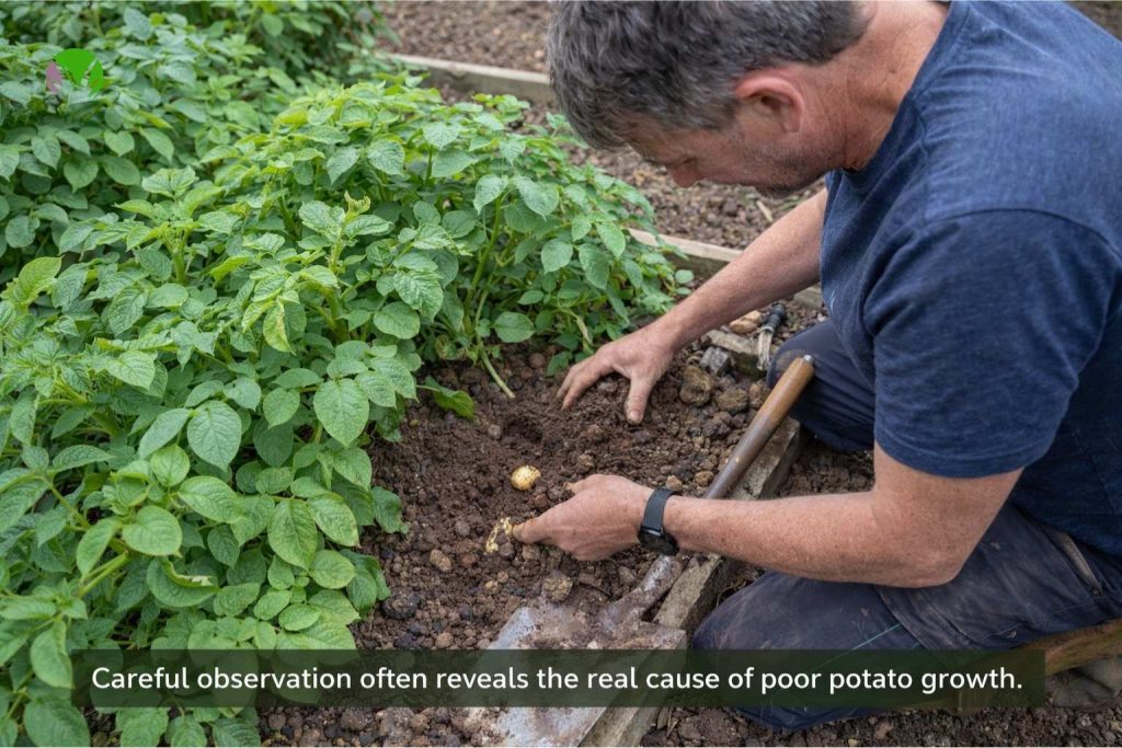 Checking potato plant growth in a UK garden