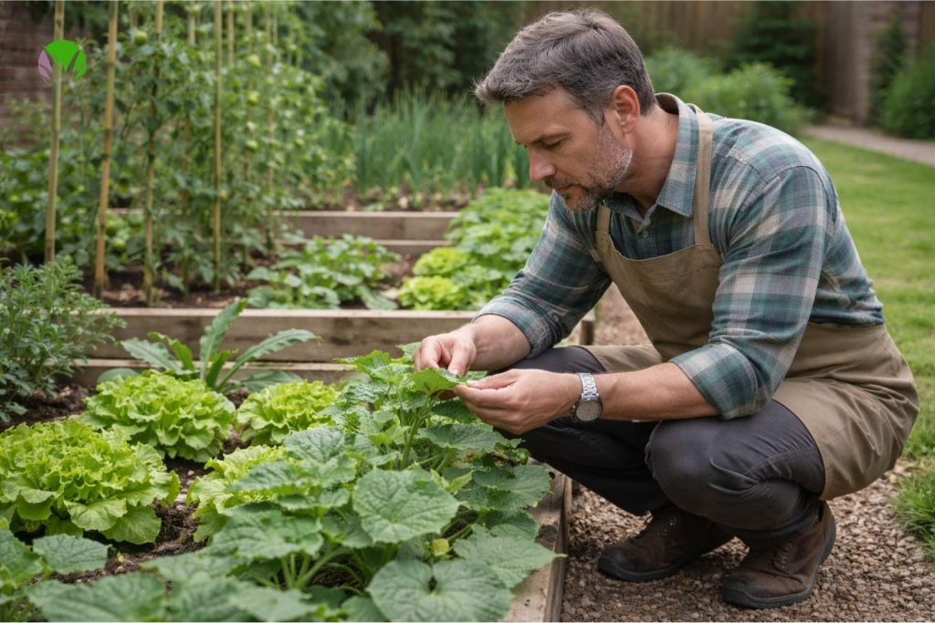 Checking vegetable plants in a UK garden