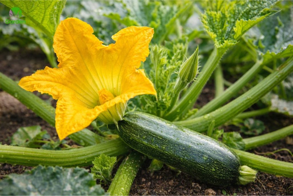 yellow courgette flower with developing courgette fruit on plant in vegetable garden