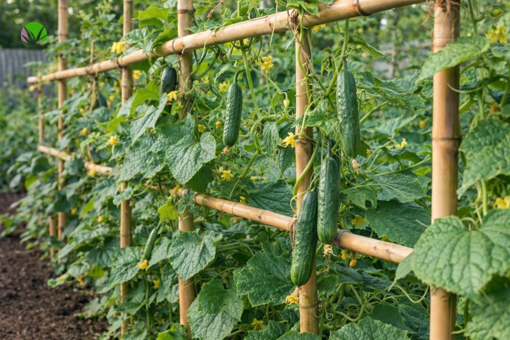 cucumbers growing vertically on a trellis in a UK garden