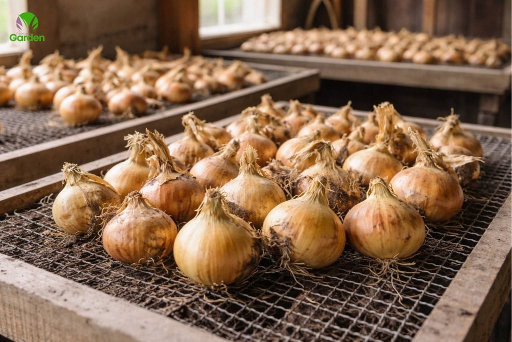 Freshly harvested onions drying on racks in a shed for storage in the UK