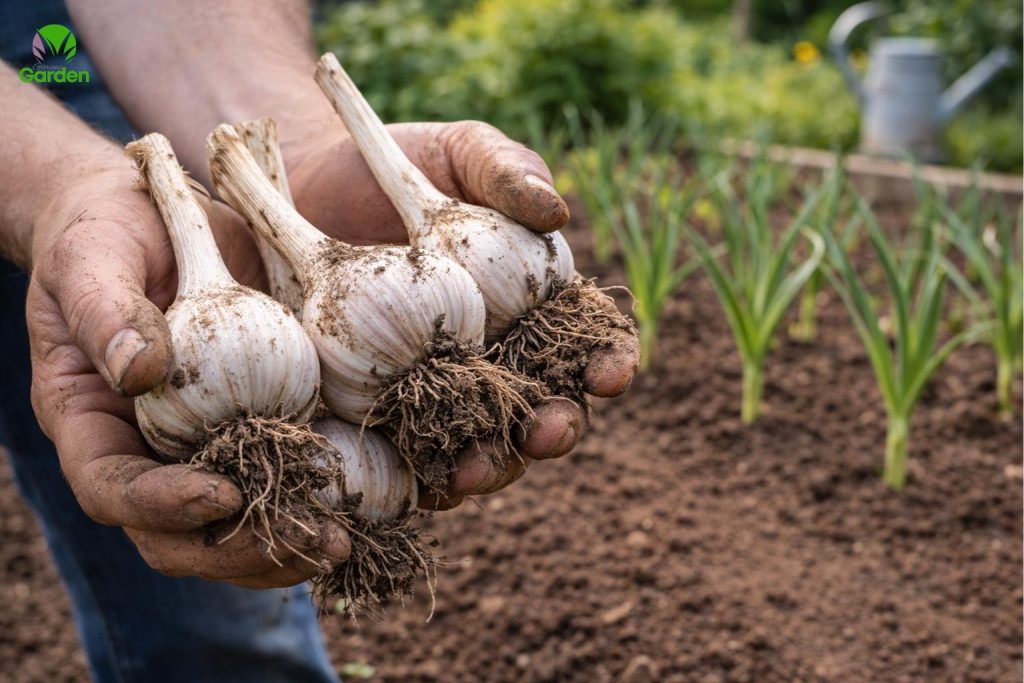 Freshly harvested garlic bulbs held in hands in a UK vegetable garden