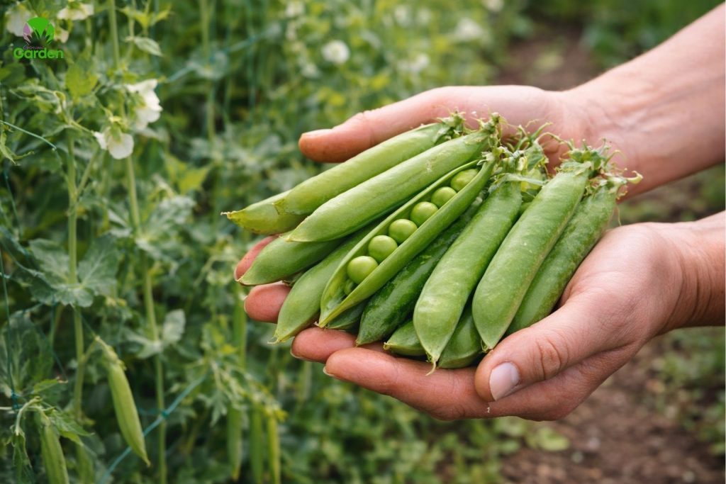 Freshly harvested green pea pods held in hands in a UK vegetable garden