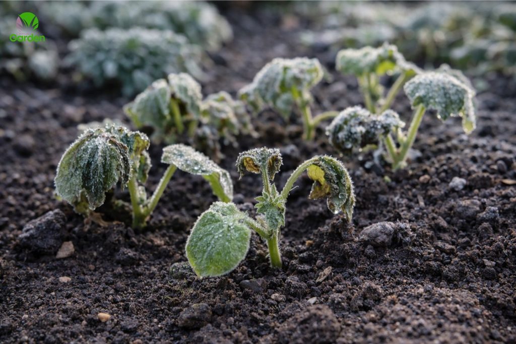 Tender vegetable seedlings damaged by late spring frost in a UK garden