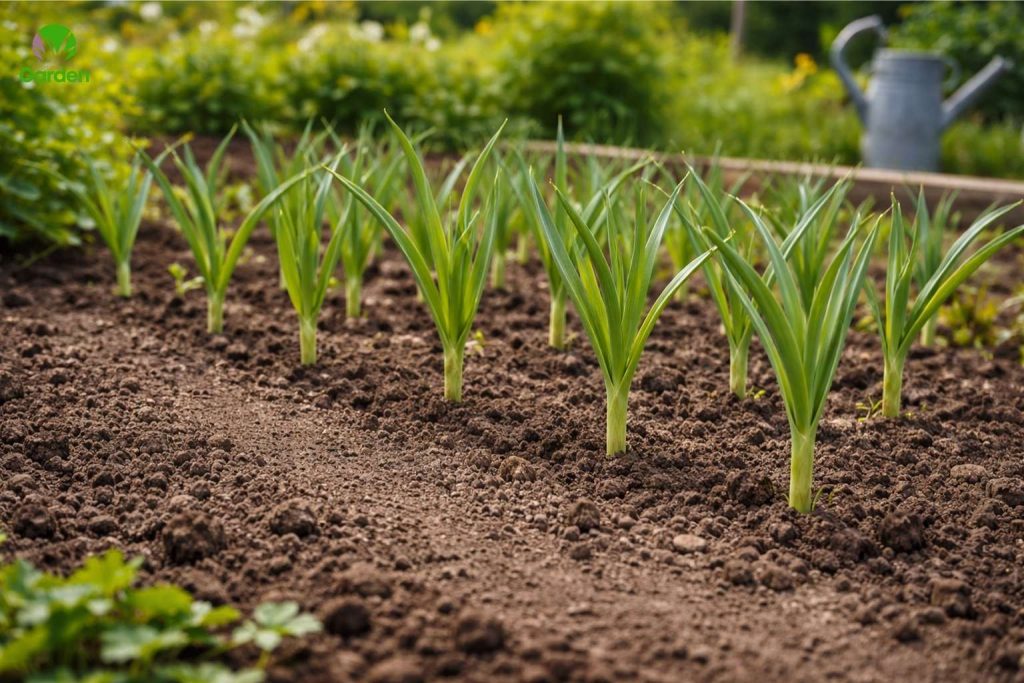 Young garlic plants growing in rows in a UK vegetable garden