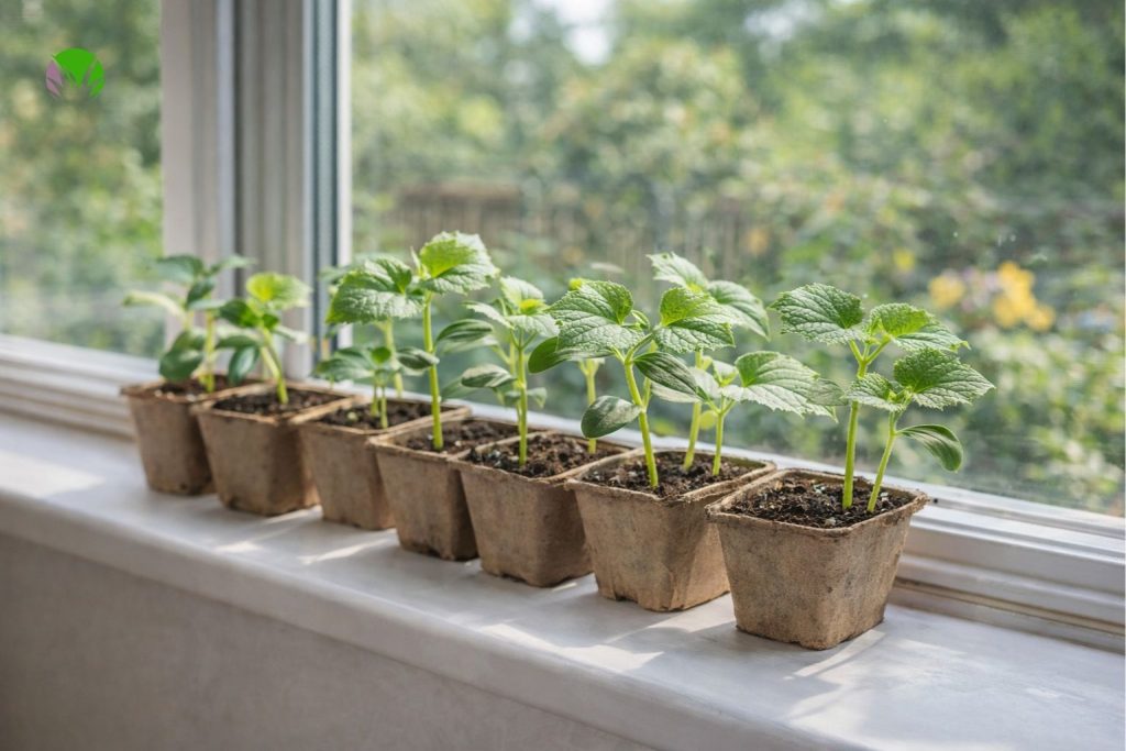 cucumber seedlings growing indoors on windowsill in UK early spring