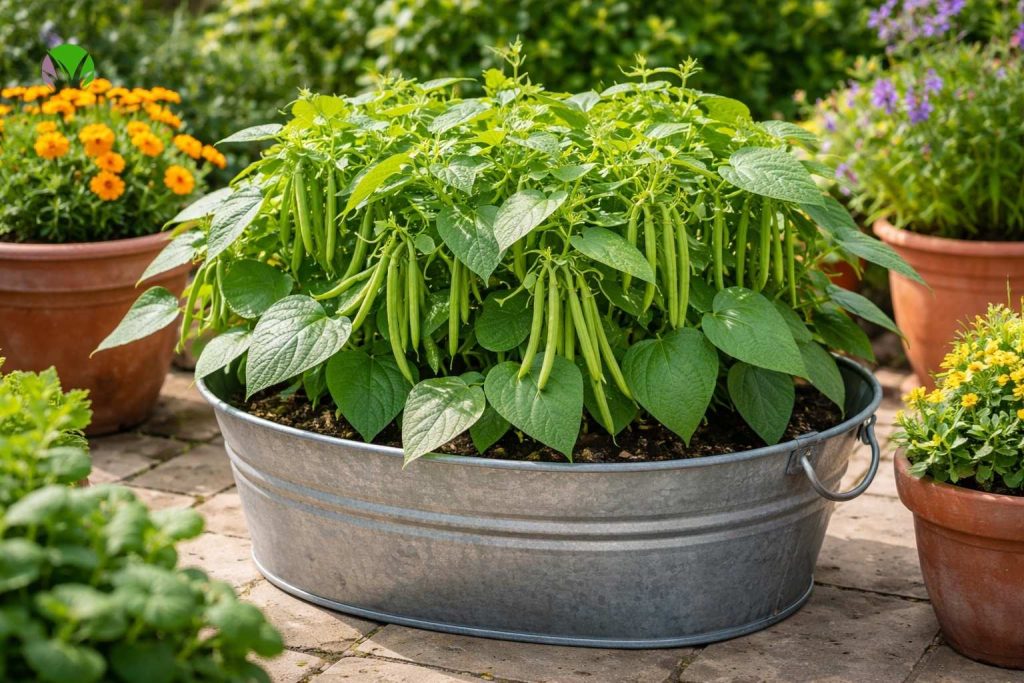 French beans growing in pots in a UK garden