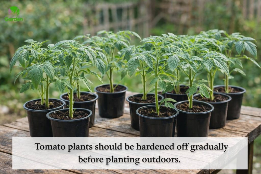 Tomato plants in small pots being hardened off outdoors before planting in a UK garden