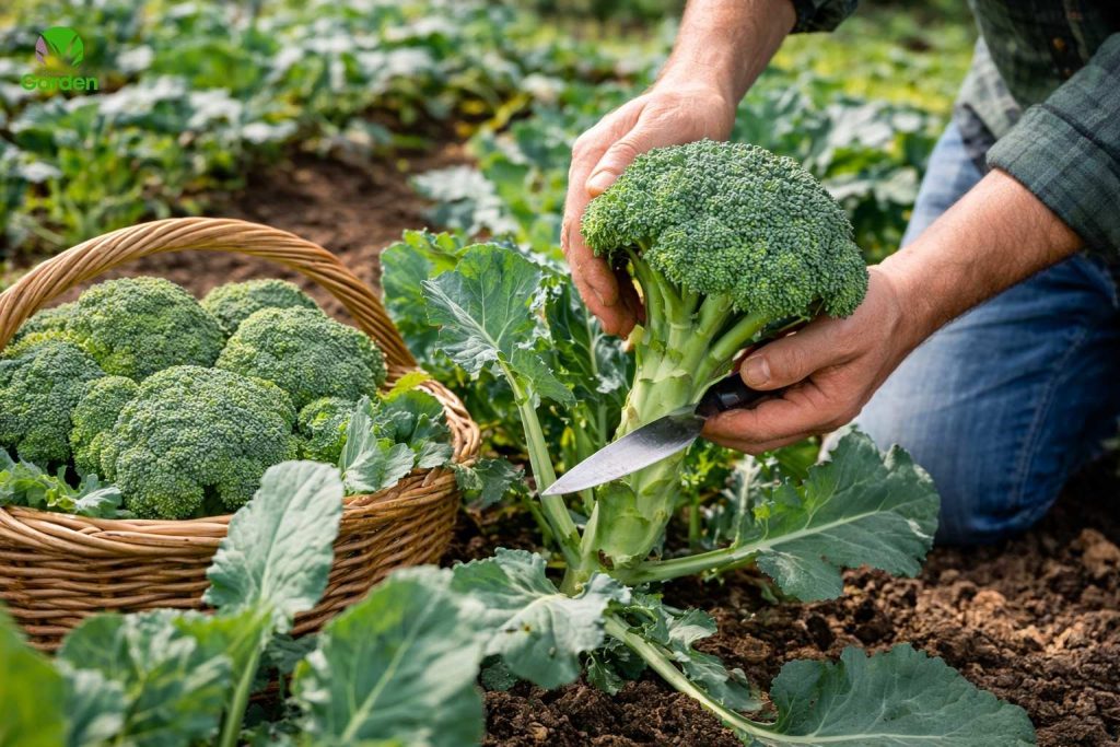 Gardener harvesting a large broccoli head from a plant in a UK vegetable garden