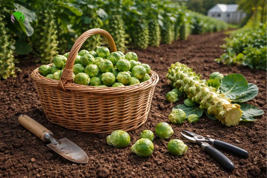 freshly harvested Brussels sprouts in a basket in a UK garden