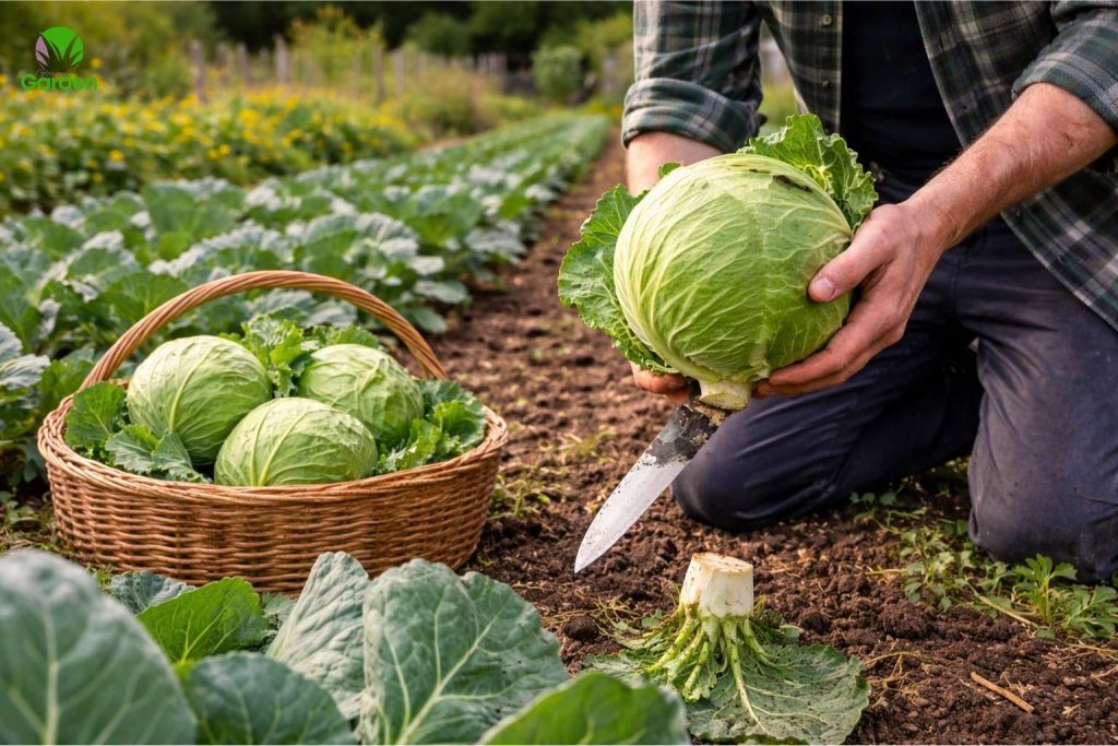 Gardener harvesting a mature cabbage head in a UK vegetable garden