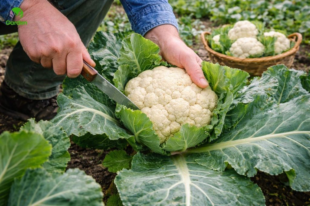 gardener harvesting mature cauliflower head from vegetable garden using knife
