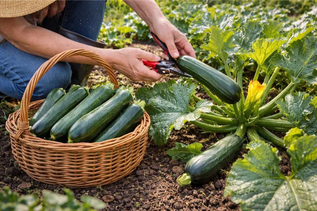 gardener harvesting fresh courgettes from plant in vegetable garden