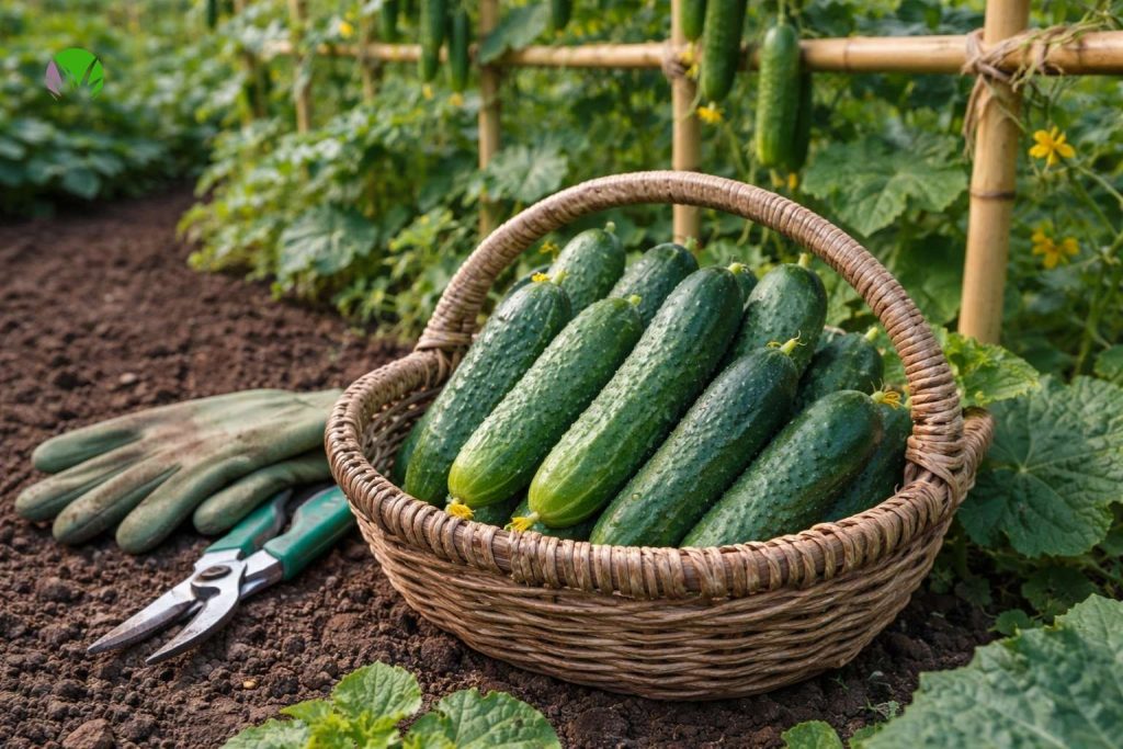 freshly harvested cucumbers in a basket in a UK garden