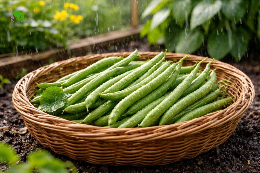 Harvesting fresh French beans in a UK vegetable garden