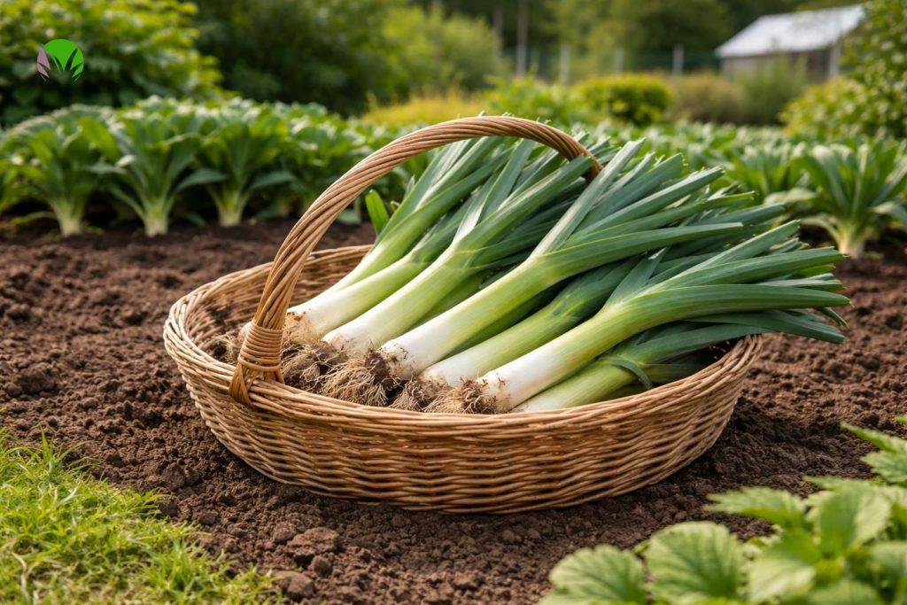 freshly harvested leeks in a basket in a UK vegetable garden
