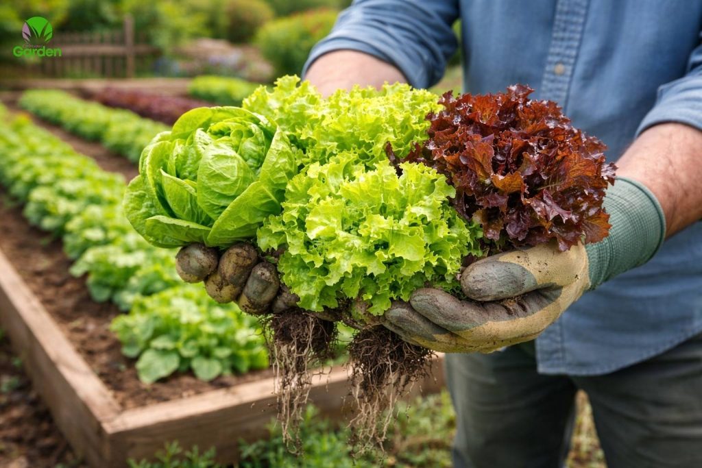Gardener harvesting fresh lettuce heads from a UK vegetable garden during the growing season